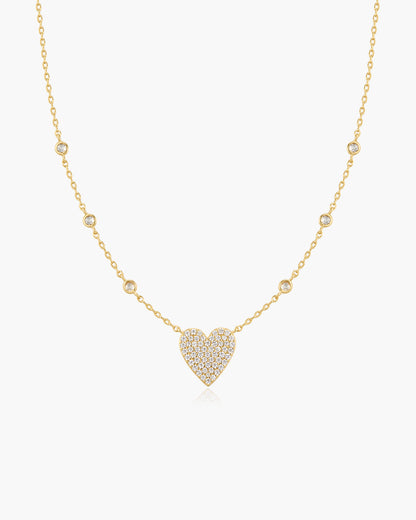 Gold Pavé Heart with Bezel Station Necklace