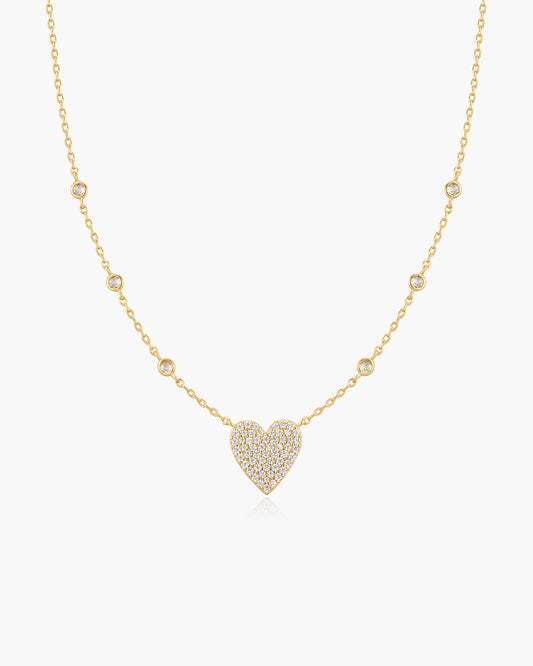Gold Pavé Heart with Bezel Station Necklace
