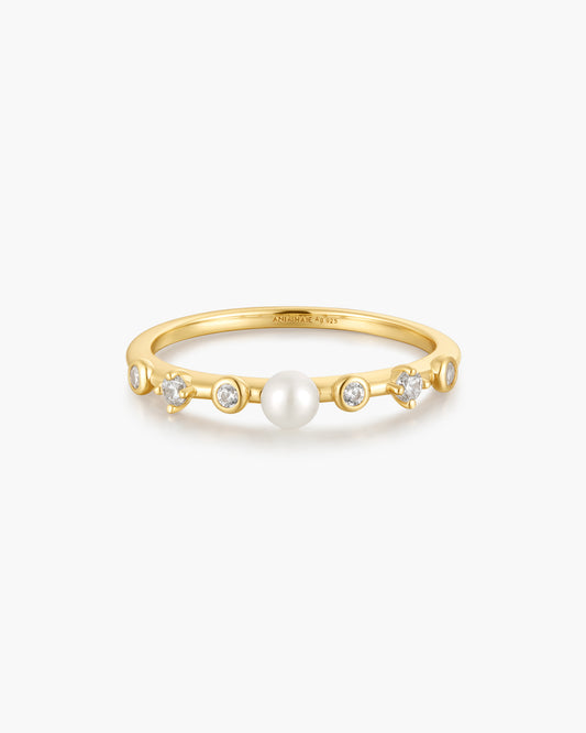 Gold Freshwater Pearl and White Cubic Zirconia Bezel Set Ring
