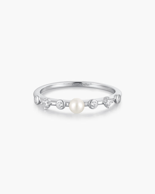 Silver Freshwater Pearl and White Cubic Zirconia Bezel Set Ring