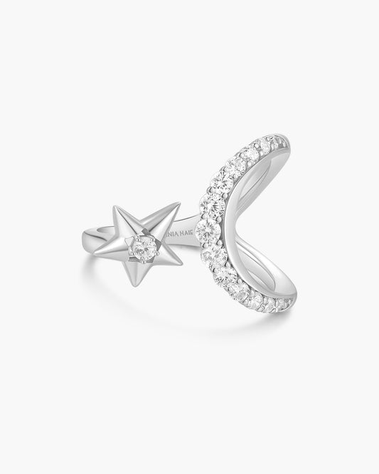 Silver Sparkling Moon and Star Adjustable Ring