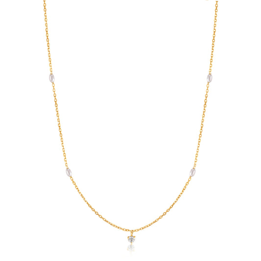 14kt Gold Pearl and White Sapphire Necklace